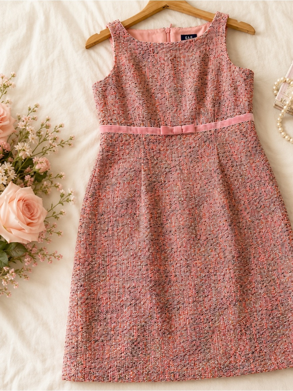 Vintage 90s GAP Pink Tweed Dress Clueless Coquette Bow Sleeveless Midi Size 6